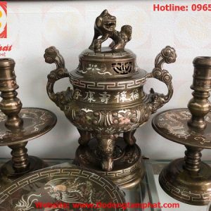 Bộ tam sự đỉnh đồng khảm 5 chữ bạc cao 55cm