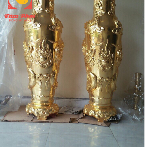 Lọ hoa lục bình bằng đồng mạ vàng, đúc rồng nổi