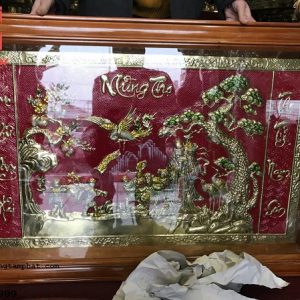 Tranh đồng mừng thọ cụ ông đẹp, họa tiết Tùng Hạc