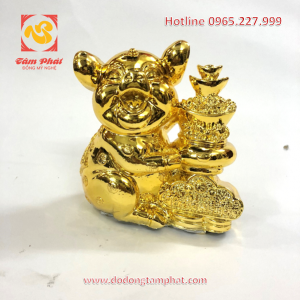 Tượng lợn phong thủy ngồi bên hũ tiền mạ vàng tinh xảo