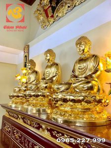 Tượng Tam Thế Phật cao 1m08 - đồng đỏ Dát vàng 9999
