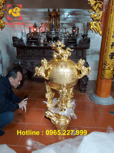 Đỉnh thất lân vờn cầu cao 1m1 dát vàng 9999 đẹp tinh xảo